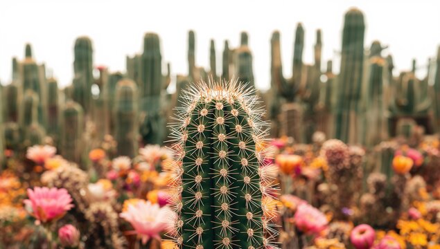 Cactus spines, prominent batons among blooming plants, maintenance focus