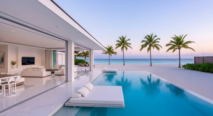Fototapeta premium Luxury Beachfront Villa with Infinity Pool and Palm Trees at Sunset