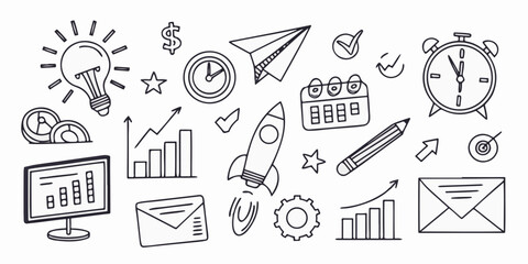 Clean hand-drawn business doodles featuring startup rocket, growth charts, idea light bulb, clock, paper plane, gears, and target icons. Minimal line art illustration for marketing, planning.
