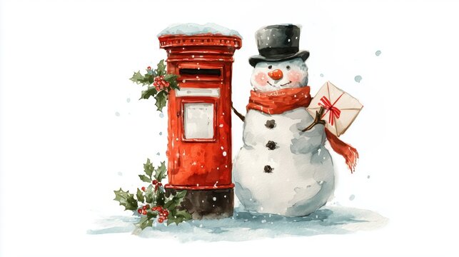 watercolour adorable illustration of a snowman which is a postman who brought Christmas mail from North pole to a vintage glossy red mailbox