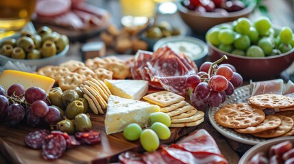 festive holiday appetizer spread, cheese board with grapes, cured meats, dips, crackers, olives