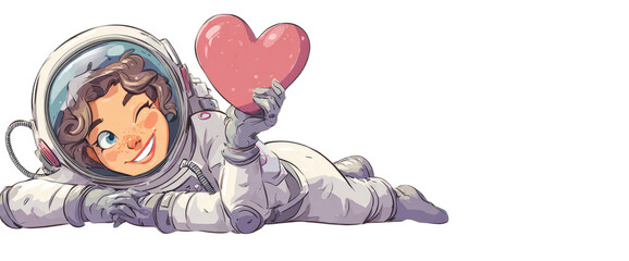 Smiling cartoon astronaut in white suit, winking playfully, holding a pink heart, on black