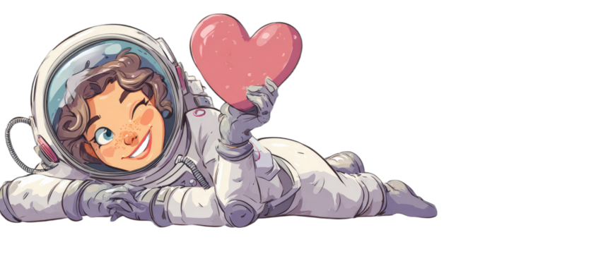 Smiling cartoon astronaut in white suit, winking playfully, holding a pink heart, on black
