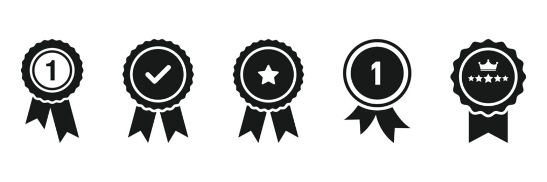 Award medal icon set. Winner or victory badge medal. Contains approved, verified, certified, star, achievement, and first medal. Vector illustration