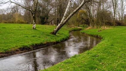 Serene view of a meandering brook in a vibrant park with slanted birch trees by the water, mirroring the cloudy sky, seasonal change