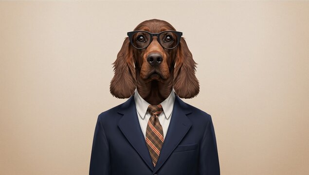 Irish Setter breed dog in vintage attire, whimsical fashion illustration for dog enthusiasts