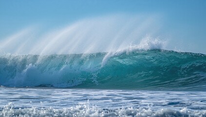 Fototapeta premium A vibrant ocean waves crash gently against the shore, creating a serene backdrop for relaxation
