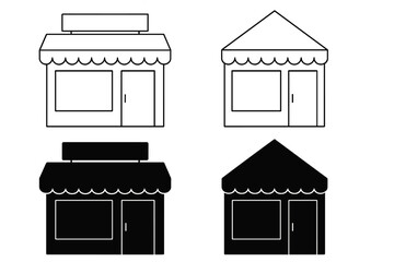 Minimalist black and white icons showing small shop facades with awnings and signage