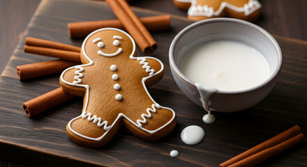 Gingerbread Man and Cinnamon with Milk on Wooden Board - Christmas Treats