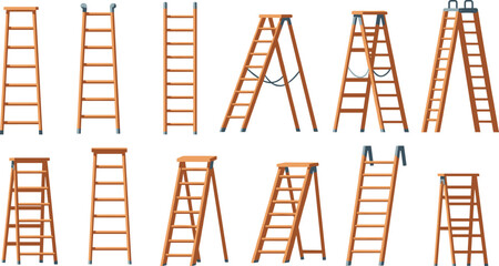 Set of twelve illustrated ladders in various styles including step, straight, and folding designs with wooden frames and metal accents © MSTAYESHASIDDIKA