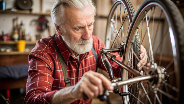 Grandpa focused on repairing a bicycle in the garage, showcasing craftsmanship