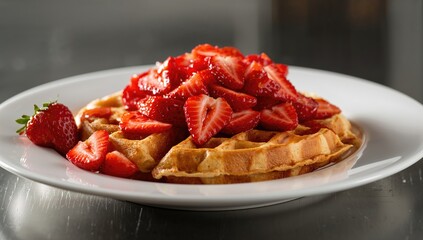 Waffles topped with strawberries on a white plate, a sweet breakfast option