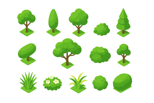 Isometric green trees, bushes, shrubs, and garden plants for map or game design