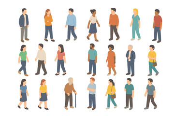 Large set of diverse people standing and walking in isometric view on a white background
