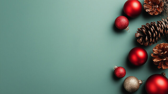 minimalist green background with red Christmas decorations on the right side, pine cones and ornaments