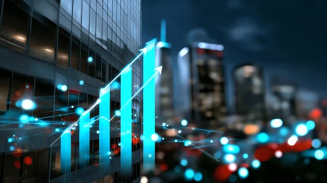 Defocused background of skyscrapers with glowing overlays of data charts and abstract arrows, concept of corporate growth and adaptability in 2026, with copy space.