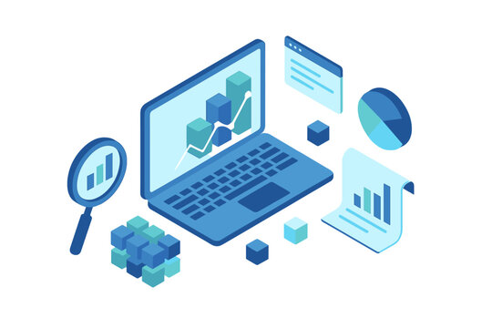 Isometric data analysis concept showing bar charts on a laptop screen with surrounding financial graphics - Powered by Adobe