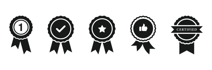 Award medal icon set. Winner or victory badge medal. Contains approved, verified, certified, star, achievement, and first medal. Vector illustration on white background