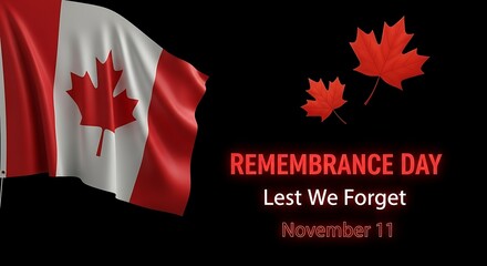Canadian flag waving with red maple leaves and Remembrance Day text Canada leaf