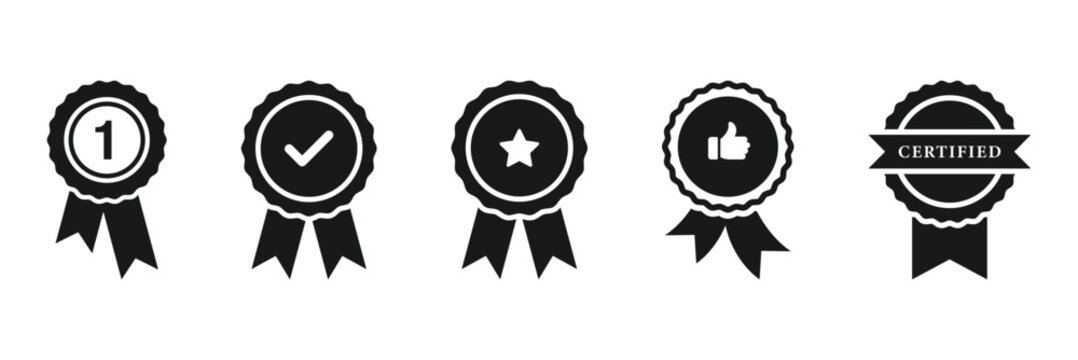 Award medal icon set. Winner or victory badge medal. Contains approved, verified, certified, star, achievement, and first medal. Vector illustration on white background