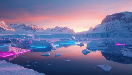 Winter landscape featuring glaciers and ice blocks on water, highlighting erosion risk
