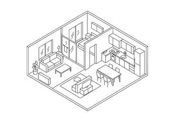 Black and white isometric view of a contemporary residential apartment layout design