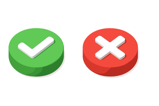 Isometric 3D style green checkmark button and red cross button for correct and incorrect choices