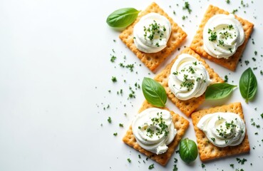 Golden rectangular crackers with creamy white cheese, chopped green chives arranged artfully on white backdrop. Fresh whole basil leaves provide lovely gourmet garnish. Delicious savory healthy snack