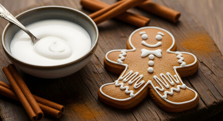 Gingerbread Man and Icing on a Wooden Board, Cinnamon Sticks, Close-up Holiday Theme