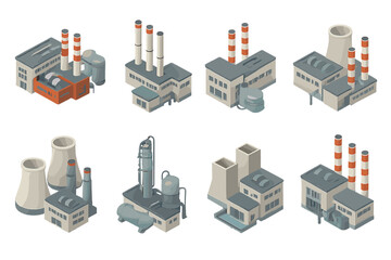 Isometric icons of industrial complex buildings, manufacturing plants, and energy facilities
