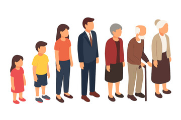 Isometric depiction of six people showing the stages of human life and the aging process