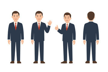 Professional businessman standing in a dark suit and red tie, shown in four poses