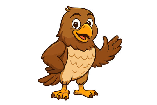 Friendly cartoon hawk mascot standing and presenting with a cheerful expression