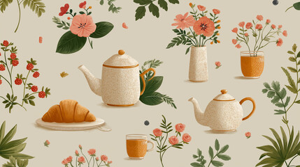 Floral Tea Time Delight: An artistic arrangement of a tea set and croissant alongside elegant floral bouquets and lively green foliage. a picture perfect moment.