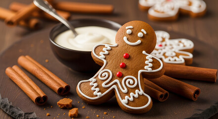 Deliciously Decorated Gingerbread Man Cookie with Creamy Dip and Cinnamon Sticks, Perfect for Holiday Celebrations