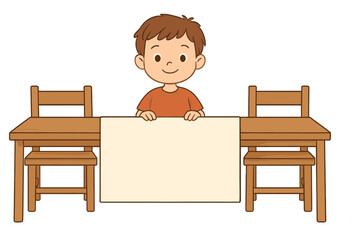 Cute smiling boy holding a large empty sign standing between two wooden classroom desks