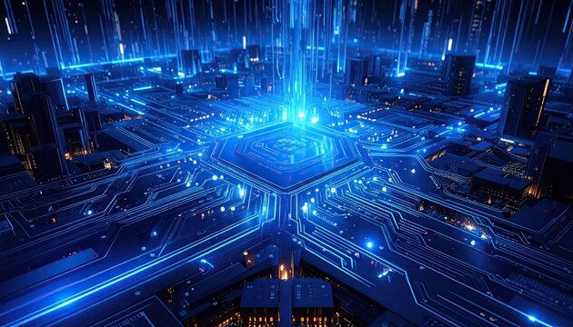 Abstract Digital Cityscape Glowing With Blue Data Streams And Futuristic Architecture In A Neon Light Atmosphere With A Central Bright Light Emission