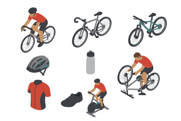 Naklejka premium Isometric set of cycling activities, bicycles, cyclists, and essential sports gear