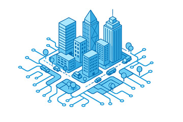 Futuristic isometric city infrastructure connected by glowing electronic network pathways © Andrei