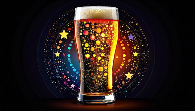 A tall glass of amber beer filled with effervescent bubbles and topped with white foam set against a dark background with colorful sparkling lights and abstract starburst patterns - Powered by Adobe