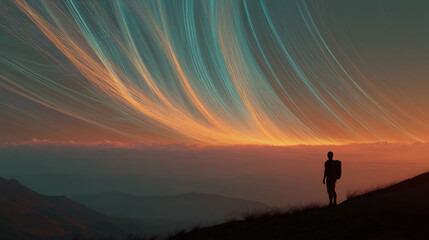 A traveler on a mountain peak at sunrise gazes at a holographic world map, symbolizing AI-powered global exploration