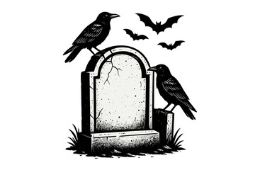 Naklejka premium Two ominous black crows perched on a cracked gravestone with flying bats