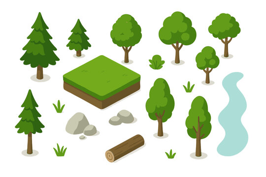 Isometric natural landscape elements set featuring trees, rocks, grass, and flowing river