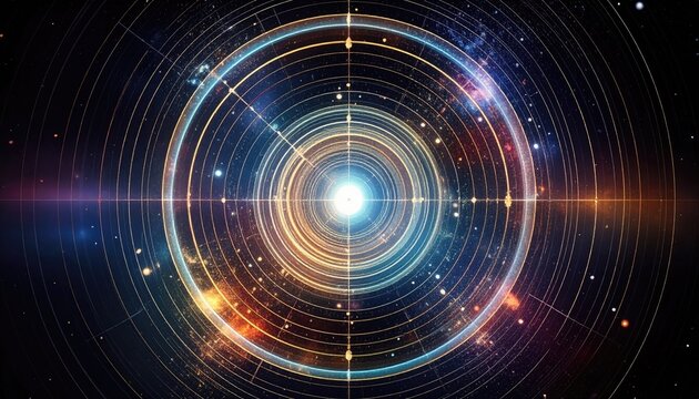 Abstract Digital Tunnel With Golden Rings And Sparkling Lights Creating A Cosmic SciFi Experience In Deep Space With Lens Flare Effect - Powered by Adobe