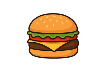 Delicious cartoon cheeseburger with sesame bun, beef patty, cheese, lettuce, and tomato on white background