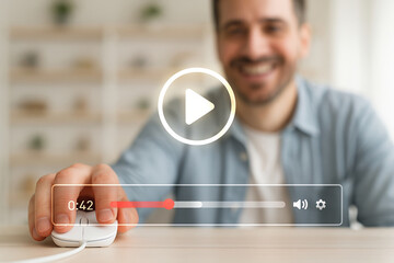 Smiling man clicking a computer mouse with a glowing play button and video player interface overlay, symbolizing online video streaming or content creation