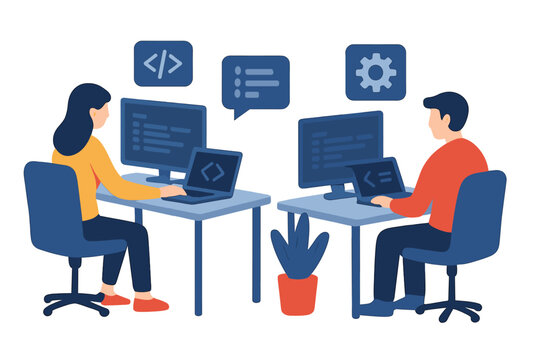 Software development team collaborating on coding projects using laptops and desktop monitors