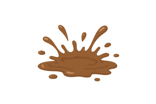 Messy brown liquid splatter creating a puddle and dynamic drops isolated on white