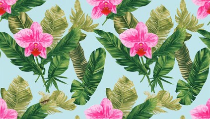 Seamless 2D pattern featuring pink orchid blooms, monstera and banana palm foliage on a pale blue backdrop. Tropical jungle plant artwork for summer beach themes.