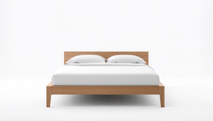 White bedding on a solitary wooden bed set against a plain white backdrop, minimalistic aesthetic